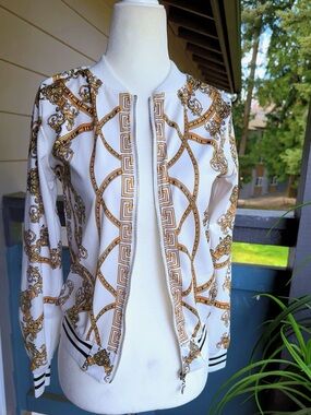 Women's White & Gold Patterned Zip-Front Jacket size M